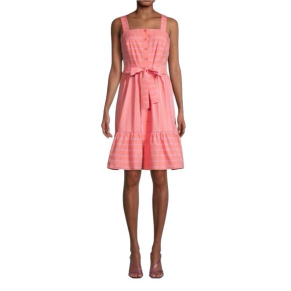 Gal Meets Glam Ariel Stripe Belted Dress NWTs Apricot Orange Pink size 12 - Picture 2 of 11